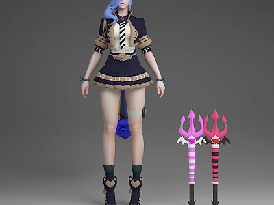 Game Character With Blue Hair Wearing Uniform Short Skirt And Trident Weapons 3d model