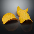 Crispy Golden Yellow Potato Chips In Curved Shell Shape With Reflection On Black Background 3d model