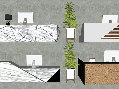Contemporary Reception Desk Designs With Geometric Patterns Marble Surfaces And Plants 3d model