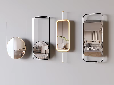 Various Shaped Mirrors with Modern Frames Reflecting Stylish Interior Scenes on Wall 3d model