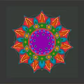 Decorative Wooden Table Featuring Traditional Oil Lamp And Vibrant Rangoli Patterns