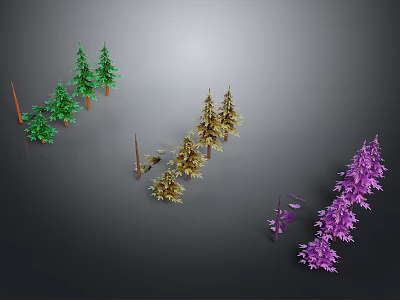 Colorful 3D Tree Models With Green Yellow Purple Varieties On Gray Background 3d model