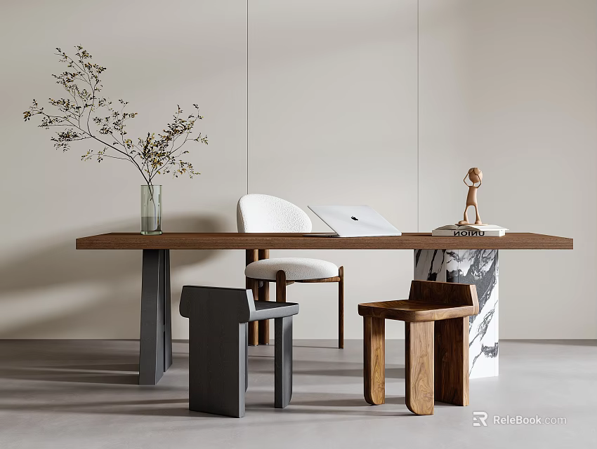 Minimalist Wooden Table and Chair Set With White Chair Gray Wooden Stools Vase and Notebook 3d model 