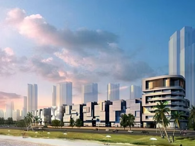 Modern Urban Commercial Complex With Tall Buildings Greenery Open Lawns And Blue Sky 3d model