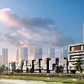 Modern Urban Commercial Complex With Tall Buildings Greenery Open Lawns And Blue Sky