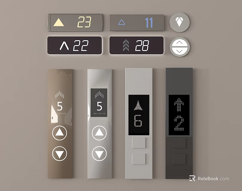 Modern Elevator Control Panels with Digital Number Buttons Up Down Arrows and Various Designs 3d model