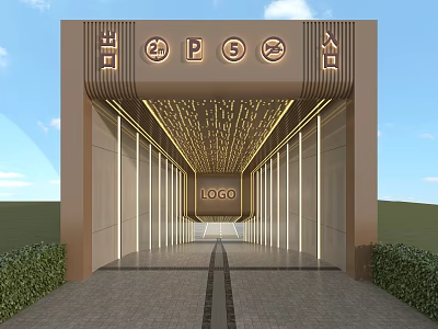 Stylish Modern Garage Entrance With Ceiling Parking Symbols And Green Hedges 3d model