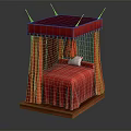 Red Canopy Double Bed With Curtains Wooden Frame Gray Pillow And Stitched Details