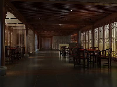 Elegant Traditional Chinese Restaurant Interior With Wooden Furniture Dark Flooring And Lattice Windows 3d model