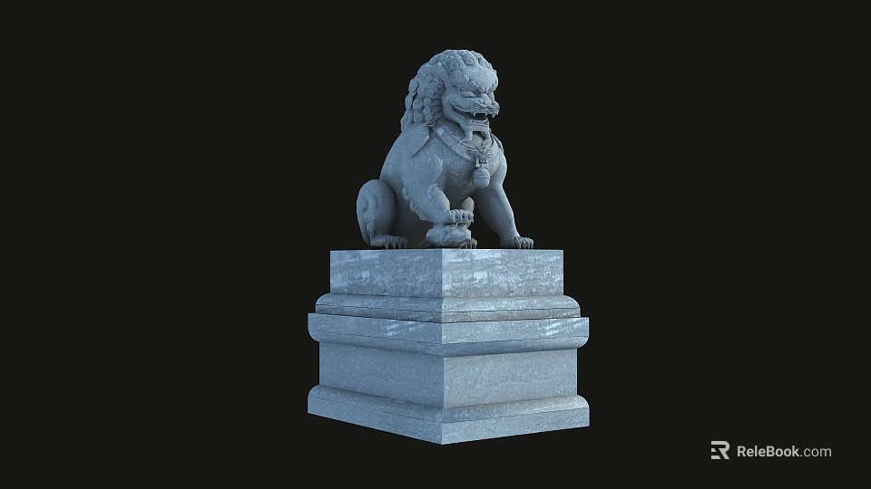 Roadside Facilities With Traditional Stone Lion Statue on Decorative Pedestal 3d model 