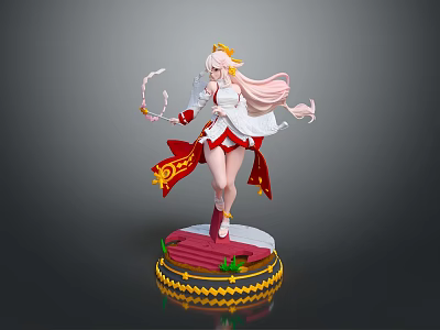 Game and Movie Character with Long Pink Hair White Red Outfit Staff and Decorative Base 3d model