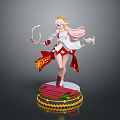 Game and Movie Character with Long Pink Hair White Red Outfit Staff and Decorative Base