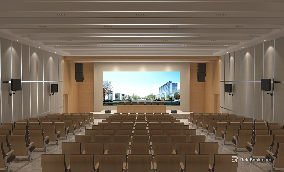 Spacious Cultural Center Hall With Rows Of Seats And Large Projection Screen 3d model 