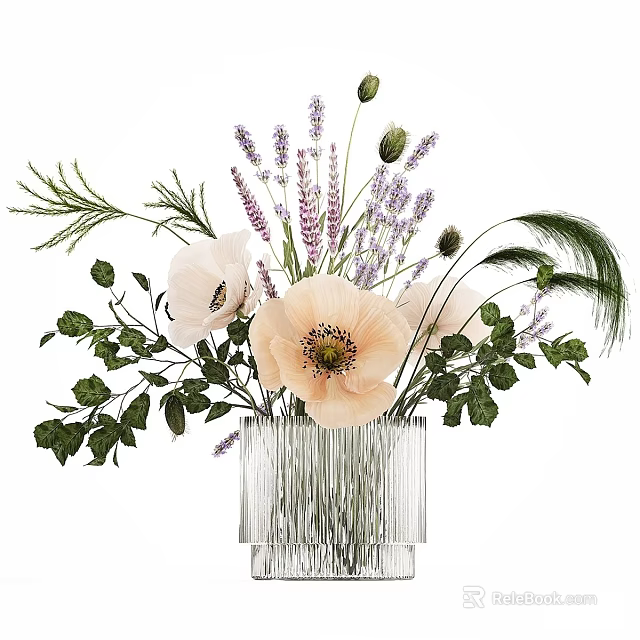 Elegant Transparent Ribbed Vase With Pale Pink Flowers Purple Lavender And Green Leaves 3d model 