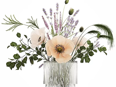 Elegant Transparent Ribbed Vase With Pale Pink Flowers Purple Lavender And Green Leaves 3d model