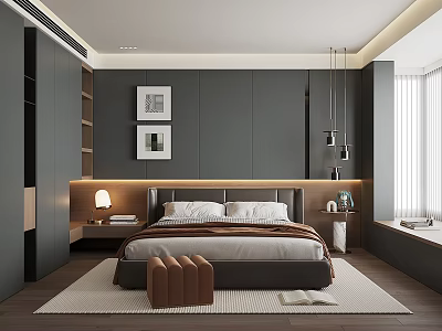 Modern Bedroom Interior With Double Bed Nightstand Table Lamp Framed Artworks And Pendant Lights 3d model