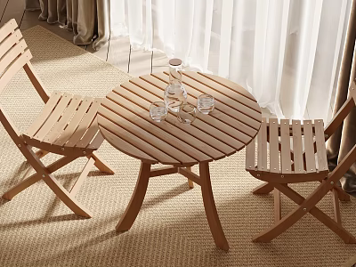 Wooden Round Table With Two Folding Chairs Water Bottle And Glasses On Carpet White Curtains 3d model