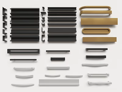 Various Door Handles in Black Gold Silver with Different Designs Neatly Arranged 3d model