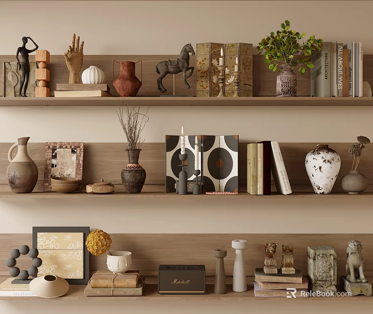 Elegant Decorative Ornament Combination On Home Shelves With Sculptures Vases Books And Plants 3d model 