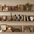 Elegant Decorative Ornament Combination On Home Shelves With Sculptures Vases Books And Plants