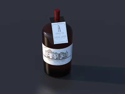 Elegant Brown Wine Bottle With Red Cap Building Label And Transparent Wine Glass 3d model