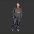 Man Standing Against Gray Background Wearing Green And Dark Green Jacket Blue Jeans And Sneakers