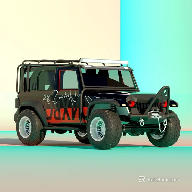 Black and Orange Off Road Vehicle with DOOM Graphic Roof Rack and Large Tires 3d model 