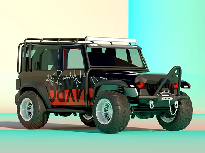 Black and Orange Off Road Vehicle with DOOM Graphic Roof Rack and Large Tires 3d model
