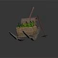 Vintage Wooden Wheelbarrow With Fresh Vegetables In Wicker Basket And Garden Hoe