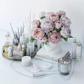 Stylish Modern Bathroom Accessories With Scented Sticks Skincare Bottles And Pink Peonies
