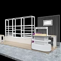 White Display Shelves With Purple Chair And Retail Counter In Modern Showcase
