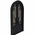 Black Double Arched Top Wrought Iron Gate with Intricate Scroll Designs and Glass Panels