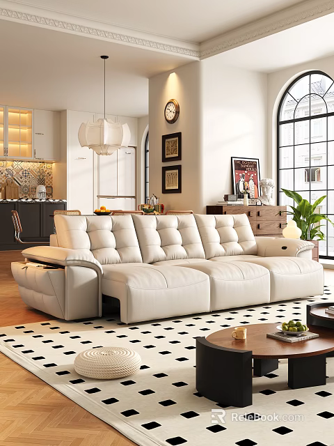 Soft Cream White Leather Reclining Multi Person Sofa For Cozy Elegant Retro Living Room 3d model 
