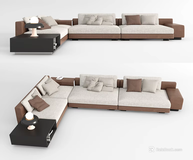 Modern Sectional Sofa With Beige And Brown Upholstery Decorative Pillows And Side Table 3d model