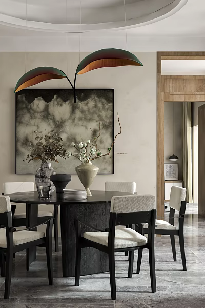 Elegant Modern Restaurant Interior With Dining Table Chairs Vases And Artwork 3d model