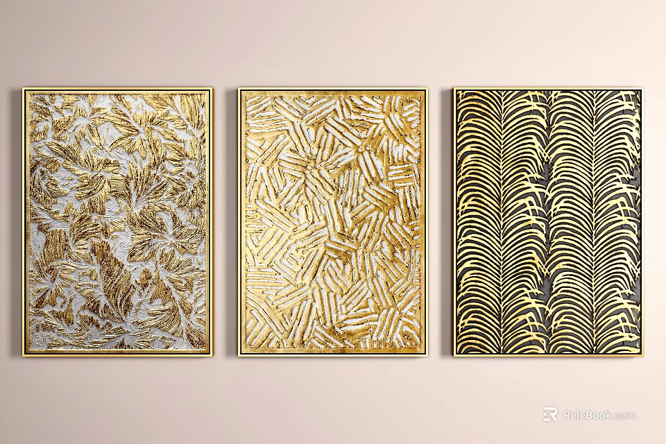 Abstract Paintings With Gold Black Textured Patterns And Golden Frames On Wall 3d model