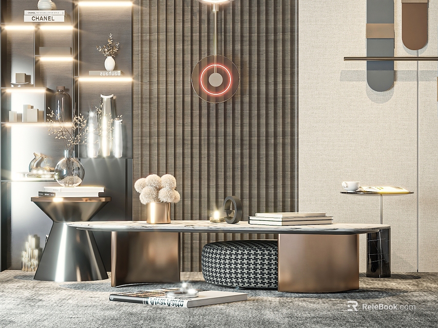 Modern Coffee Table With Marble Top Metal Frame And Decorative Items In Living Room Interior 3d model 