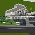 Modern Building Exterior Wall With Glass Facade Stone Material And Water Feature Landscaping