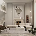 Elegant Duplex Living Room Interior Featuring High Ceiling Fireplace And Modern Sofa