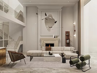 Elegant Duplex Living Room Interior Featuring High Ceiling Fireplace And Modern Sofa 3d model