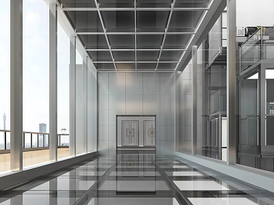 Contemporary Elevator Lobby Featuring Large Glass Windows City View Shiny Floor And Grid Ceiling 3d model