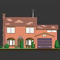Orange Exterior House With Red Roof Chimney Garage Windows Green Shrubs And Lawn