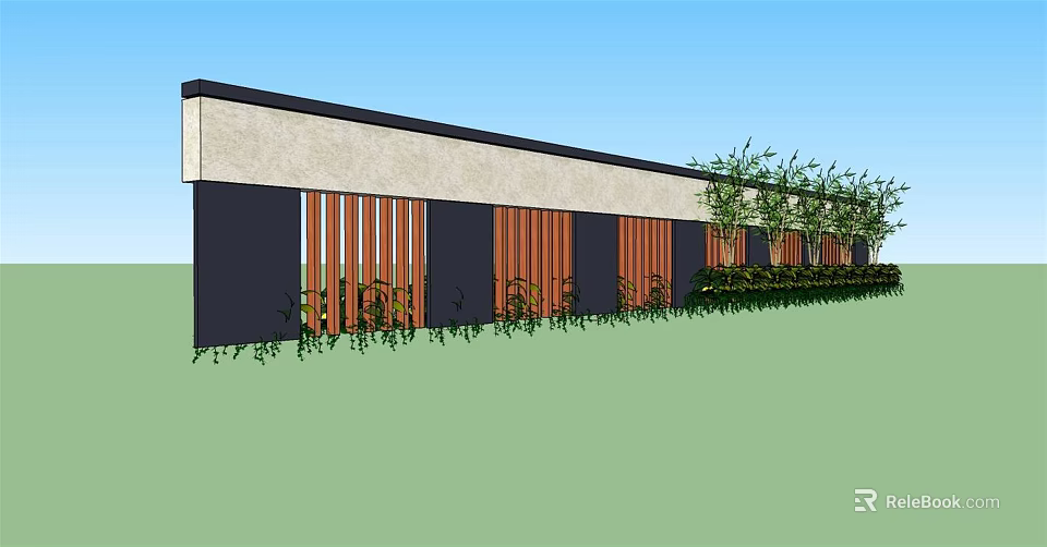 Modern Building Exterior Wall with Beige Dark Panels Wooden Vertical Slats and Green Plants 3d model 