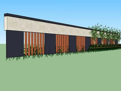 Modern Building Exterior Wall with Beige Dark Panels Wooden Vertical Slats and Green Plants 3d model