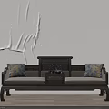 Traditional Chinese Daybed with Dark Wooden Carved Frame and Decorative Cushions