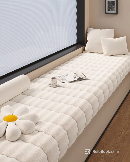 Comfortable Padded Window Seat Chaise Lounge With Pillows Magazine And Daisy 3d model 