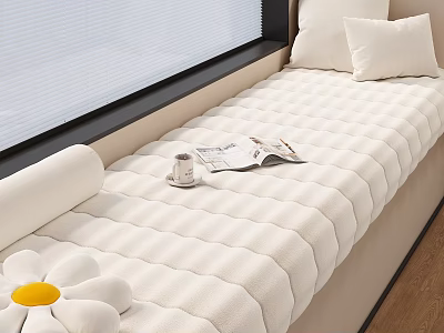 Comfortable Padded Window Seat Chaise Lounge With Pillows Magazine And Daisy 3d model