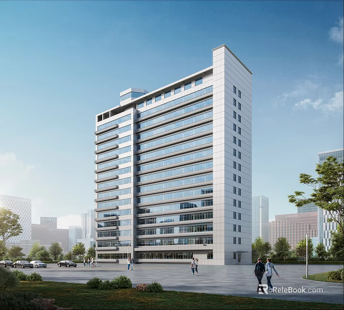 Modern Office Building Exterior With Glass Curtain Walls Urban Setting Trees And People Walking 3d model 