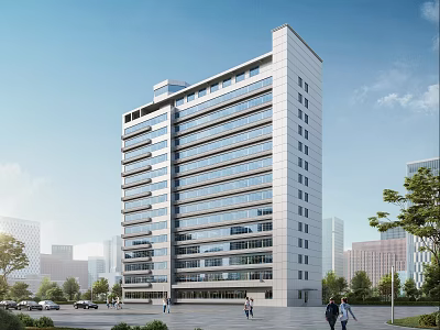 Modern Office Building Exterior With Glass Curtain Walls Urban Setting Trees And People Walking 3d model