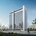 Modern Office Building Exterior With Glass Curtain Walls Urban Setting Trees And People Walking